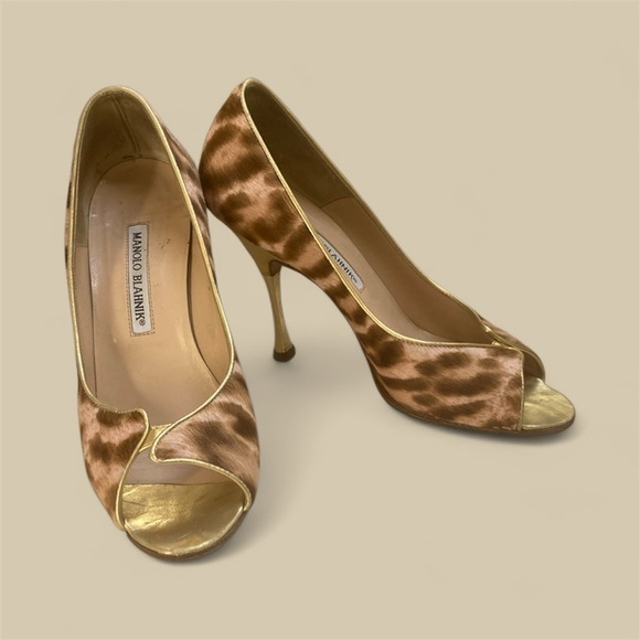 Manolo Blahnik Shoes - Manolo Blahnik pink and brown pony hair Peep Toe Heels